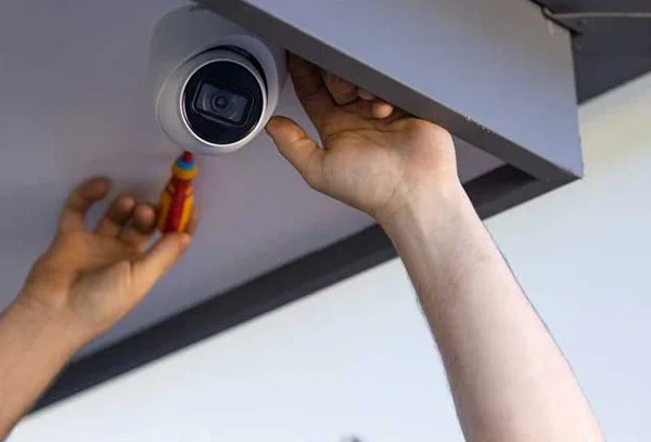 A close-up of a security camera installation being monitored, showcasing the benefits of burglar alarm monitoring services.