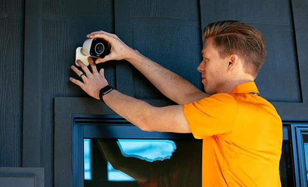 Technician wearing an orange shirt installing or adjusting a security camera on exterior wall.