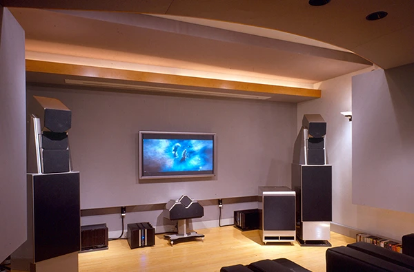 Professionally installed home theater system in a Boca Raton, FL home, with large screen and surround sound.