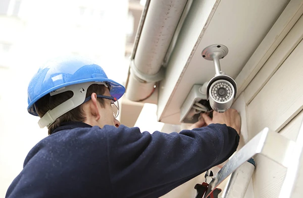 Security specialist mounting an outdoor surveillance camera for expert security installation in Wellington FL.