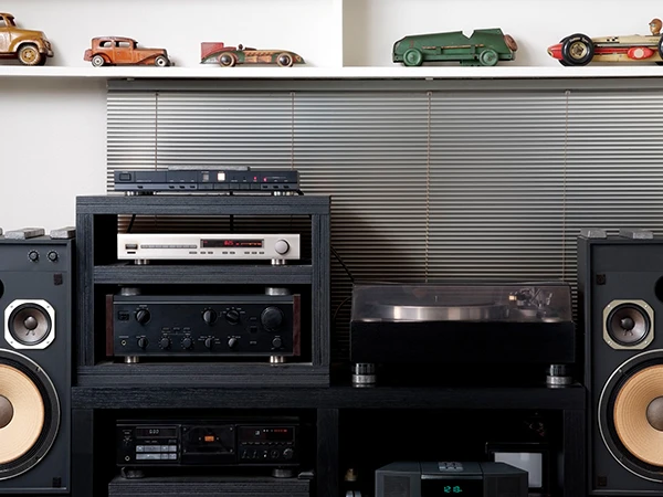 High-end audio system setup in a modern living room.
