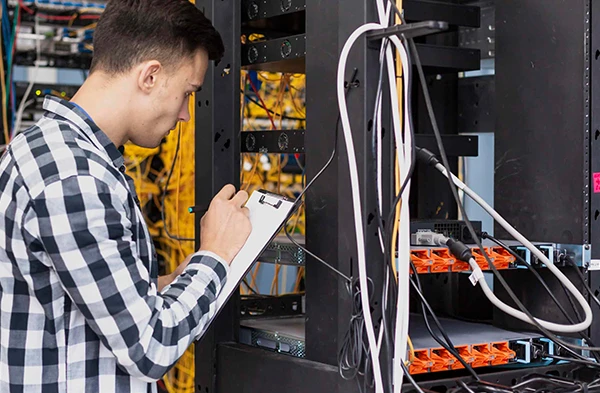 A technician working on wiring for an internet installation, illustrating reliable internet installation services in Wellington, FL.