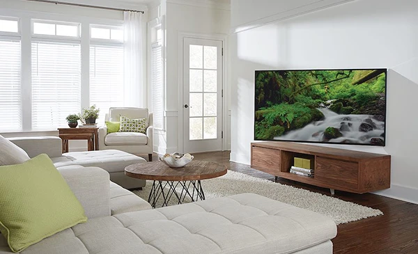 A seamlessly mounted television in a living room by expert TV mounting services in Boca Raton, FL.