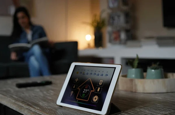 Smart home automation system interface on a tablet, controlling lighting and temperature in a living room.