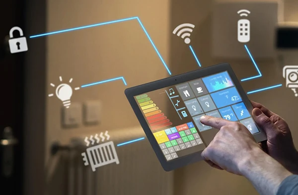 User operating smart home automation system via tablet interface in Wellington FL.