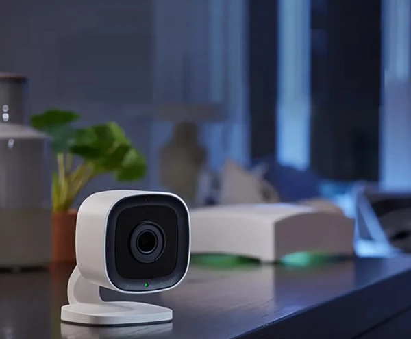 Home security camera with night vision placed on a table in a home setting.