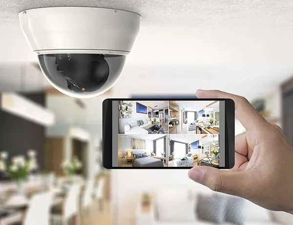 Indoor security camera installation with remote monitoring on tablet, highlighting benefits of professional camera setup.