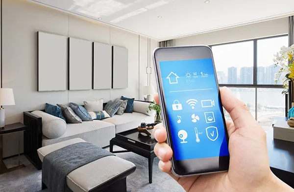 Best home automation installers using smartphone control in Boca Raton FL modern living room.