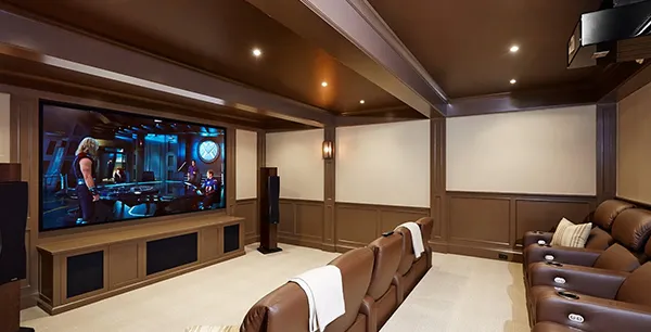 Custom home theater design and installation in Palm Beach Island FL with luxurious finishes.